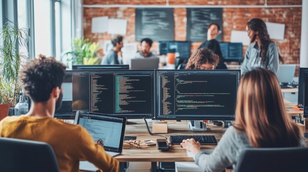 This image has an empty alt attribute; its file name is diverse-group-software-developers-coding-multiple-screens-with-tech-gadgets-scattered_1271244-279707.jpg